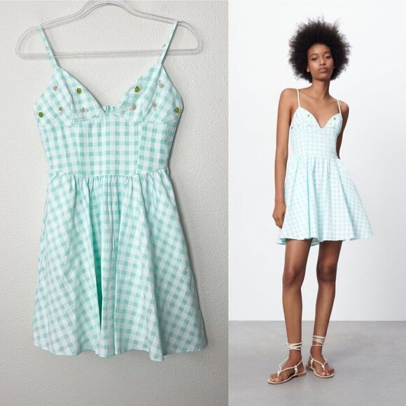 Zara Mint Green Gingham Mini Dress - Picture 1 of 10